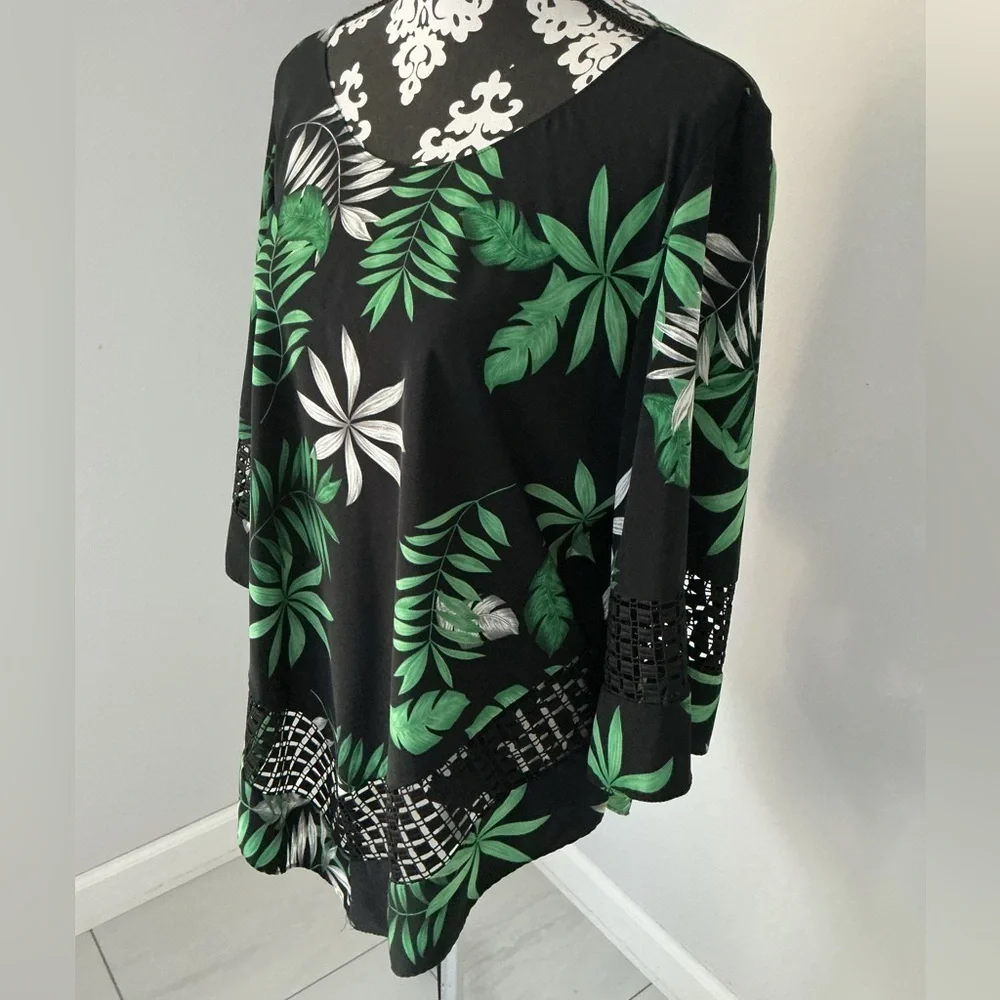 Alfani Tropical Black Blouse with Green Leaf Design Sz L